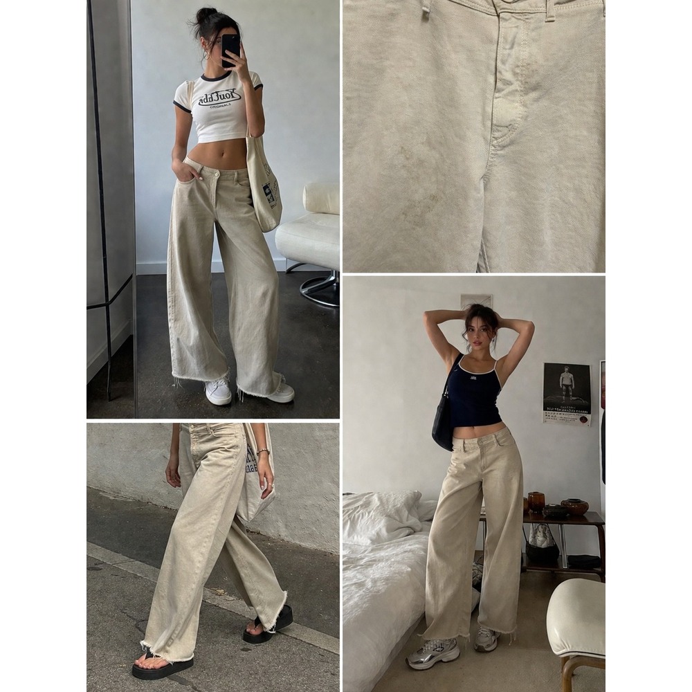 Zara High Waisted Wide Leg Pants Womens US 4 Beige Sand Raw‎ Hem Cropped